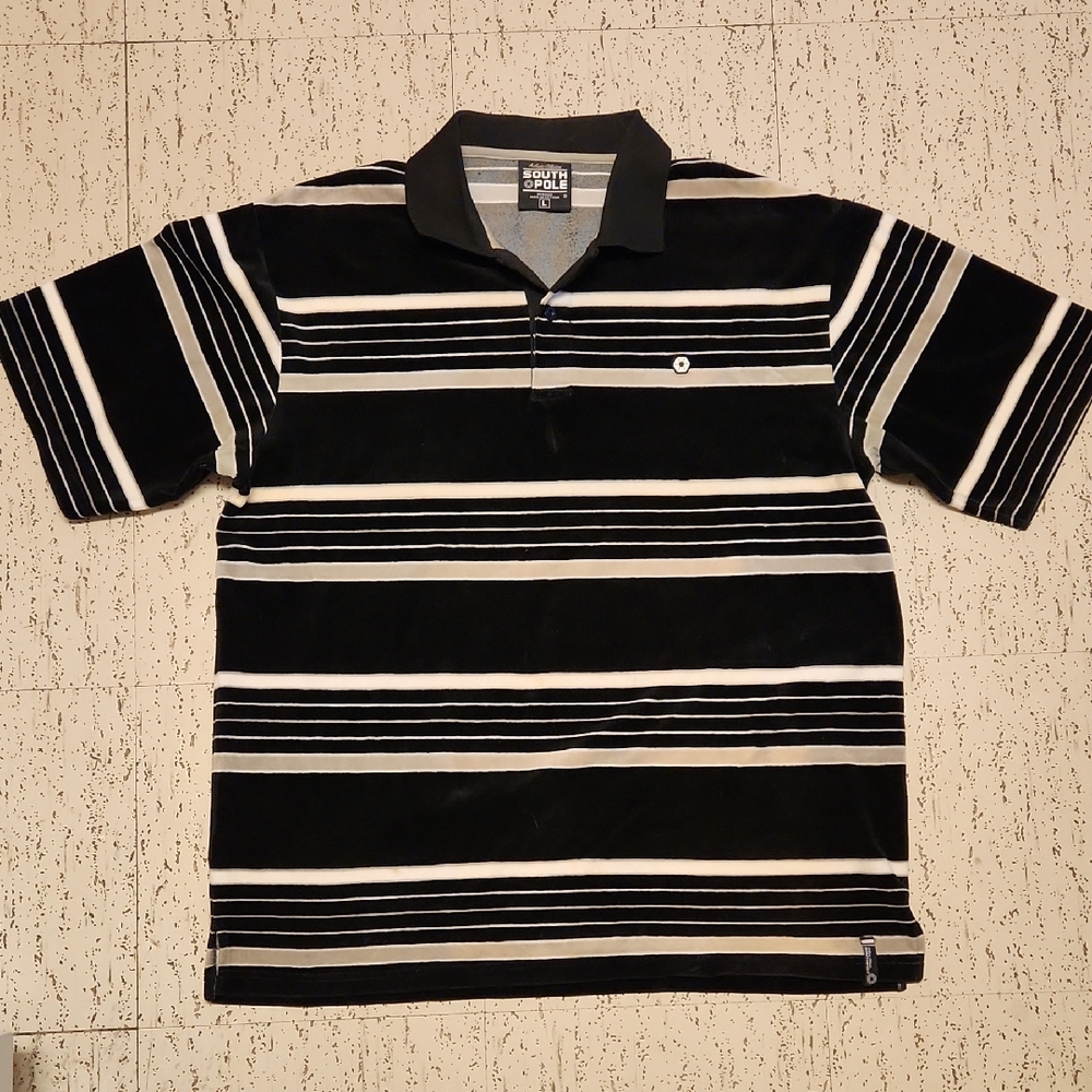 South Pole Stripe 1/4 Button Down Polo Shirt Vintage Y2K Black, Tan & White